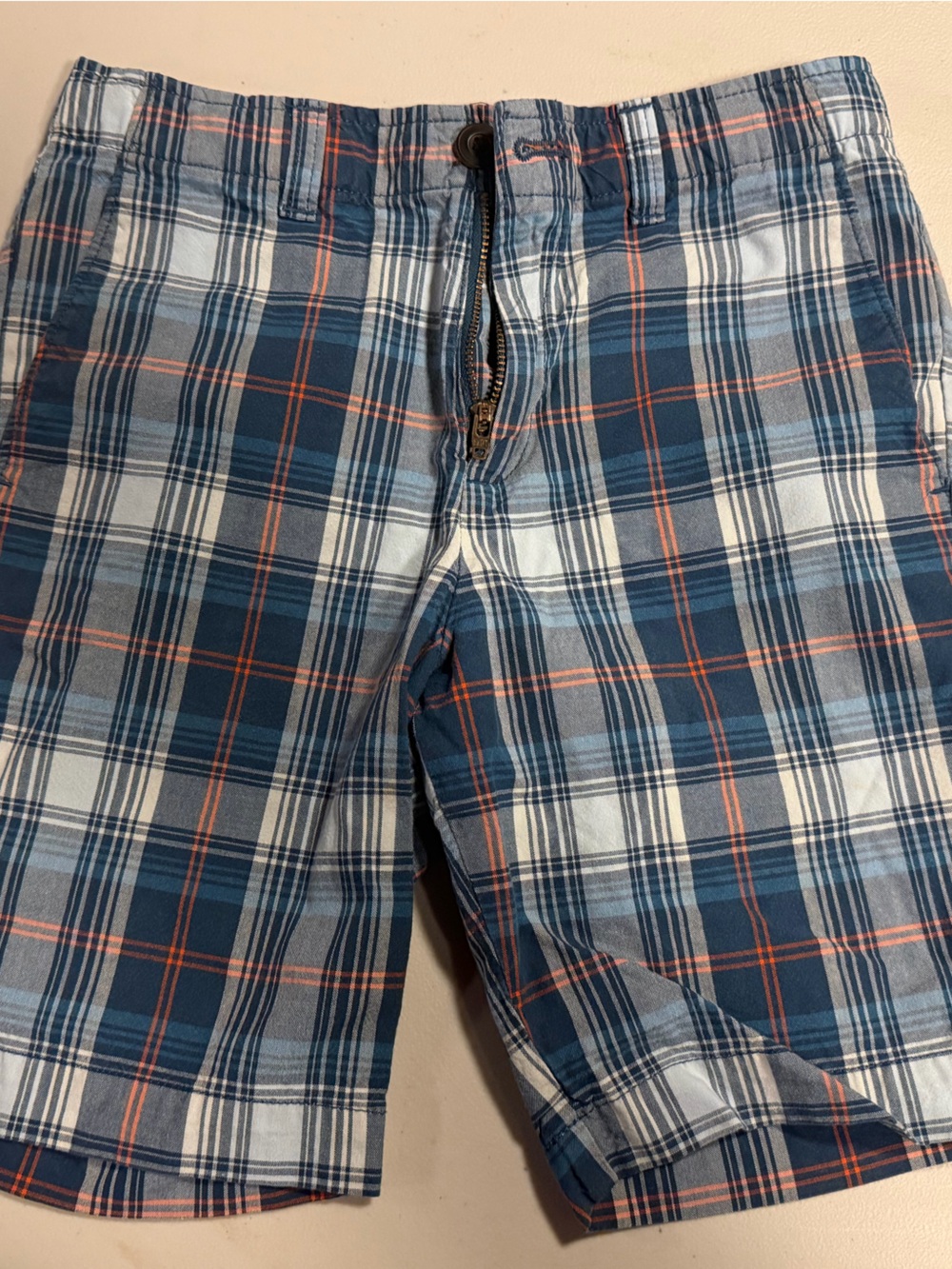 Lands' End Navy and White Plaid Kids' Shorts with Orange Accents